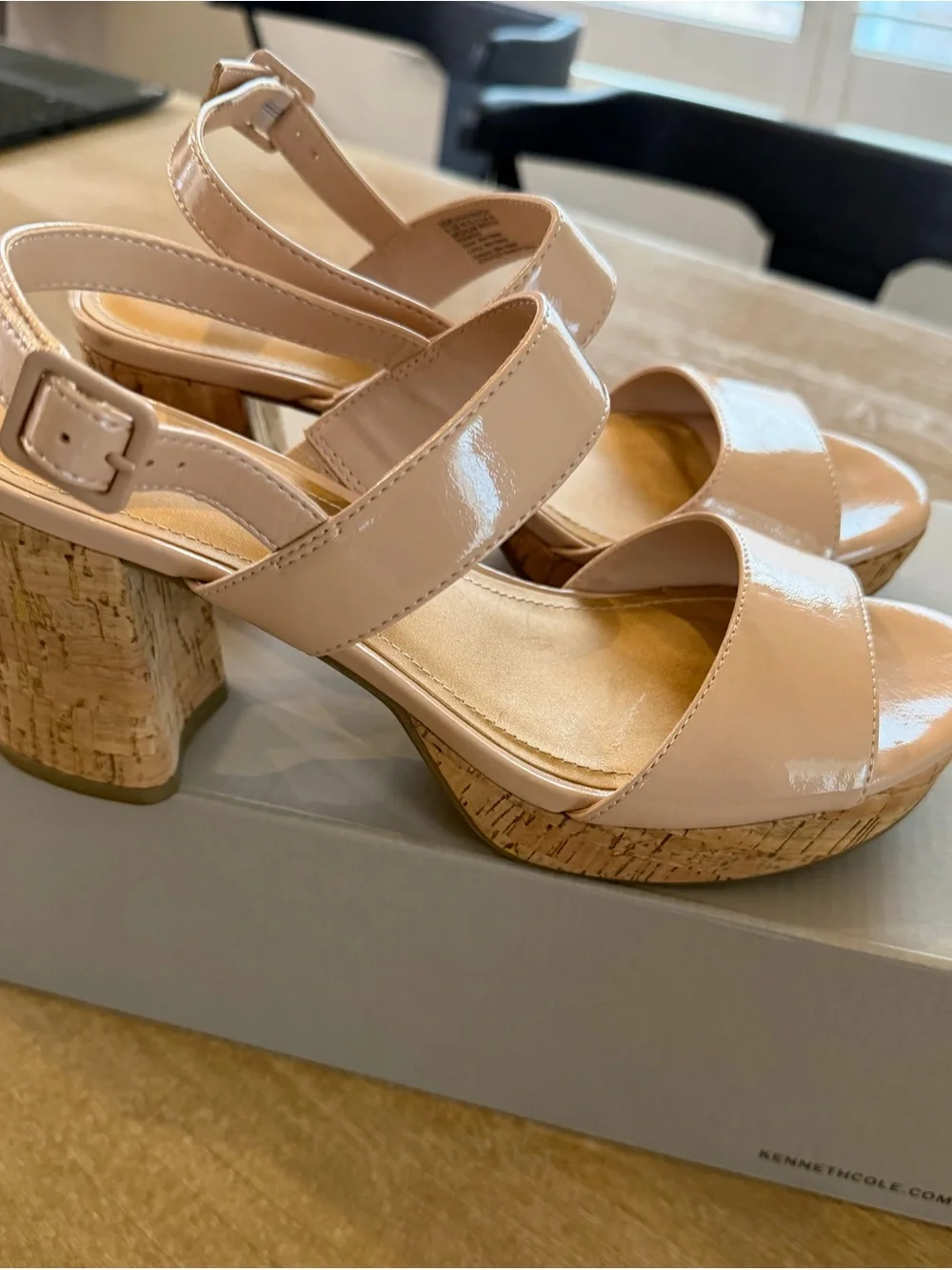 Kenneth Cole Reaction Reebeka Nude Patent Cork Block Heel Sandals Women’s Size 8